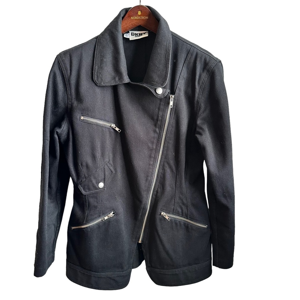 DKNY Denim Black Jean Jacket 10 Moto Zipper Style VTG Y2K 90s